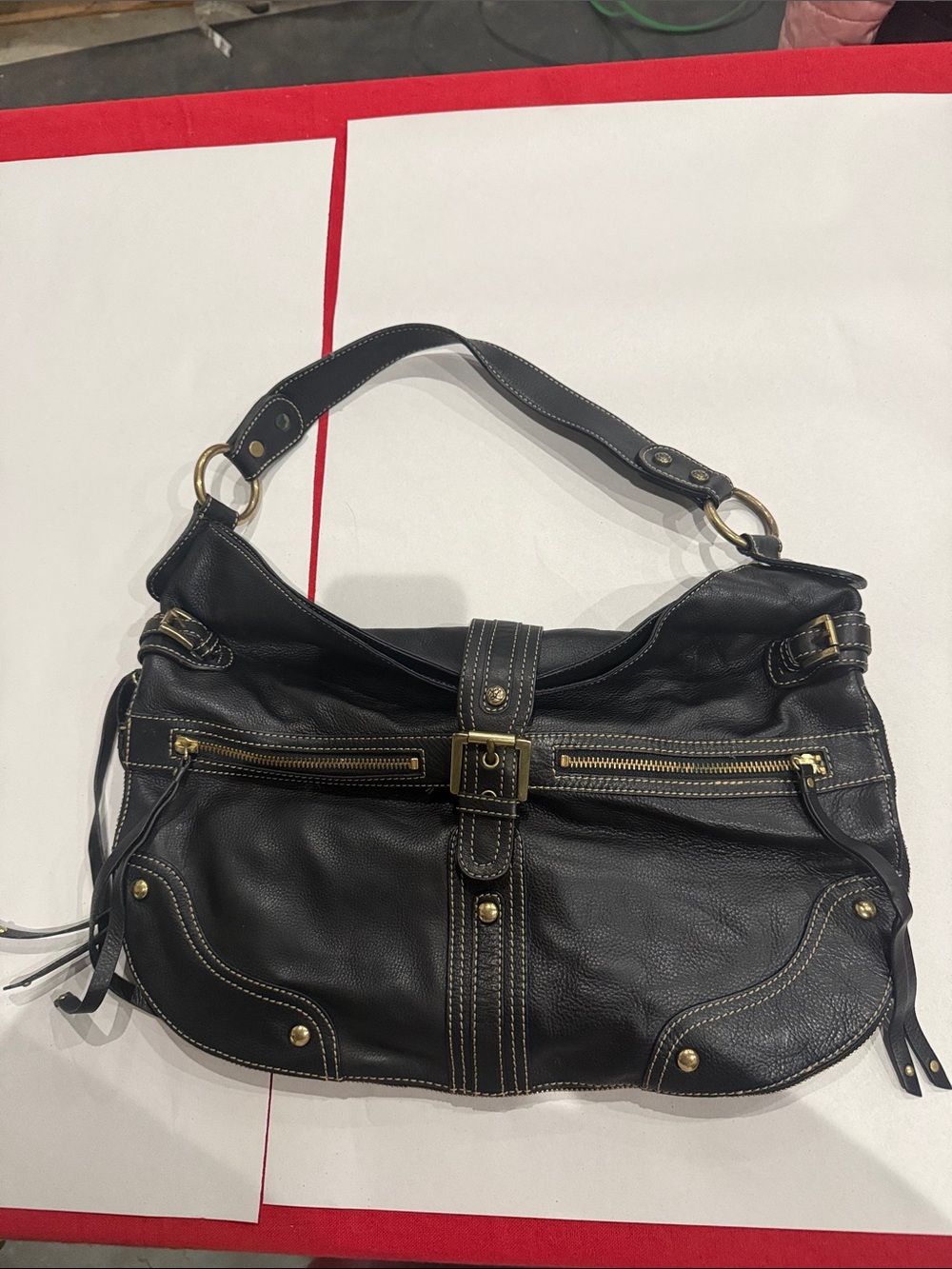 Kate Landry Black Leather Shoulder Bag with Gold Hardware